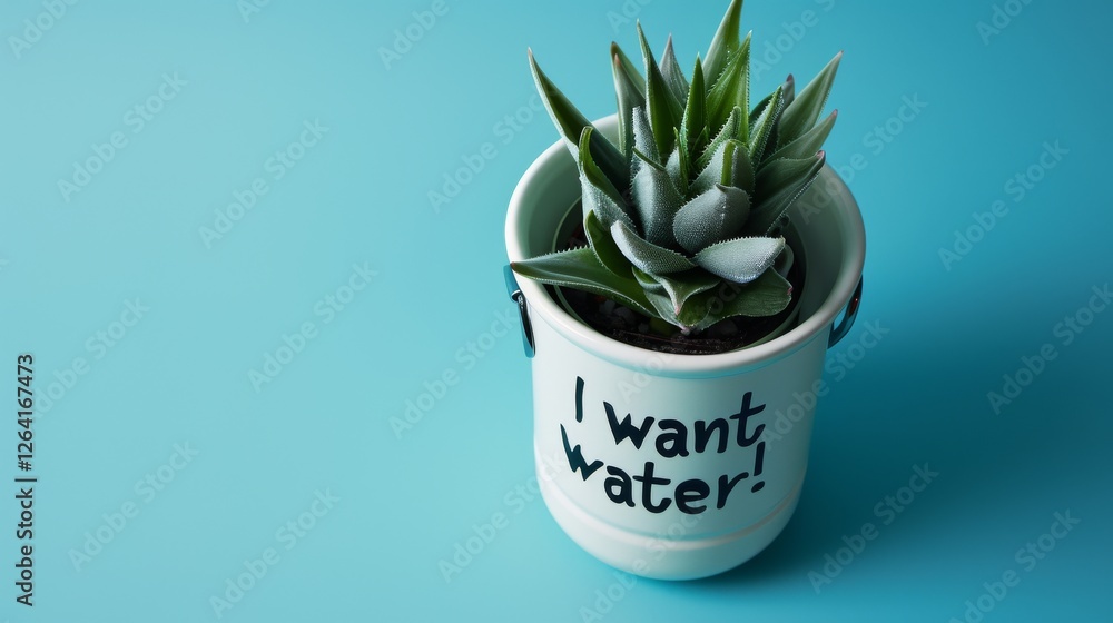 A stylish succulent in a white bucket-shaped pot featuring the text I want water! against a bright blue background. A modern and playful 3D-rendered composition. AI generated.