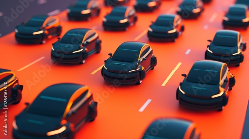 A dynamic view of black AI-powered vehicles on a glowing futuristic highway, representing next-generation transportation and urban mobility. AI generated.