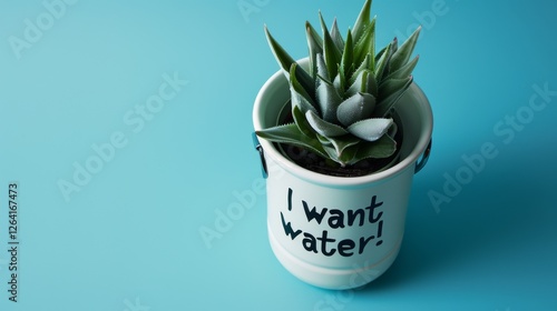 Obraz na płótnie A stylish succulent in a white bucket-shaped pot featuring the text I want water! against a bright blue background. A modern and playful 3D-rendered composition. AI generated. w salonie