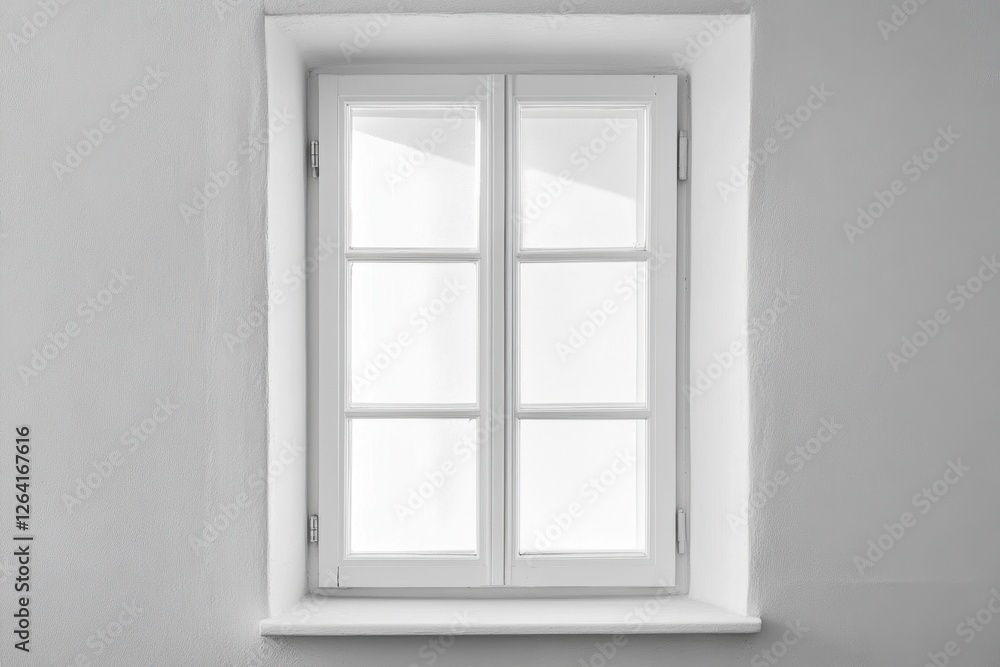 White framed window in a white wall allowing light inside White framed window in a white wall allowing light inside