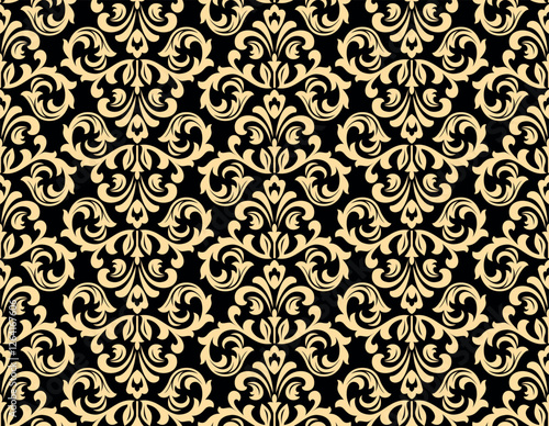 Floral pattern. Seamless vector background. Vintage wallpaper in the Baroque style. Golden and black ornament for fabric, wallpaper, packaging. Ornate Damask flower illustration