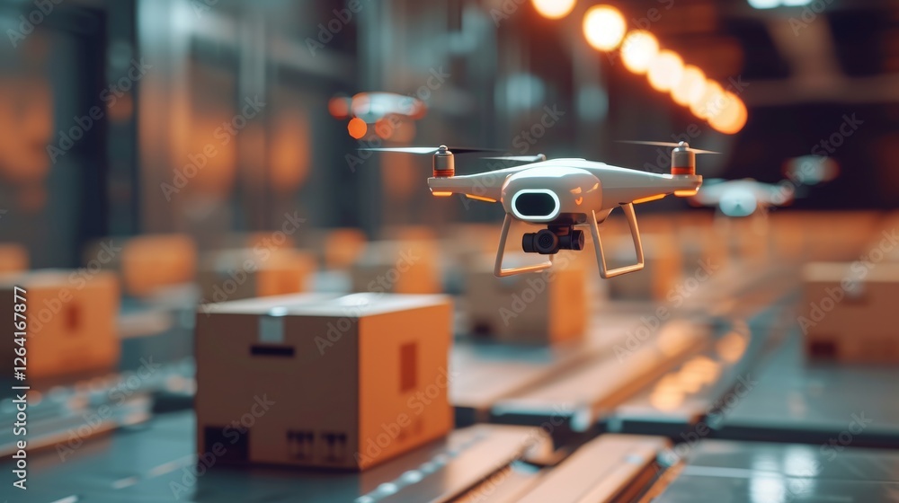 A modern AI-powered drone hovers in a futuristic warehouse, scanning packages on a conveyor belt. The scene showcases advanced automation in logistics. AI generated.