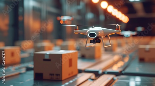 Obraz na płótnie A modern AI-powered drone hovers in a futuristic warehouse, scanning packages on a conveyor belt. The scene showcases advanced automation in logistics. AI generated. w salonie