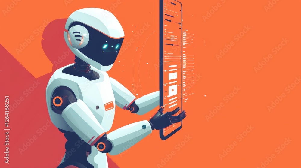 A futuristic humanoid robot with glowing eyes holds a transparent digital screen, interacting with an advanced AI interface. The vibrant orange background enhances the modern tech aesthetic. AI