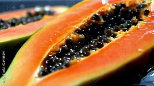 Close up of a ripe papaya being splashed with water
