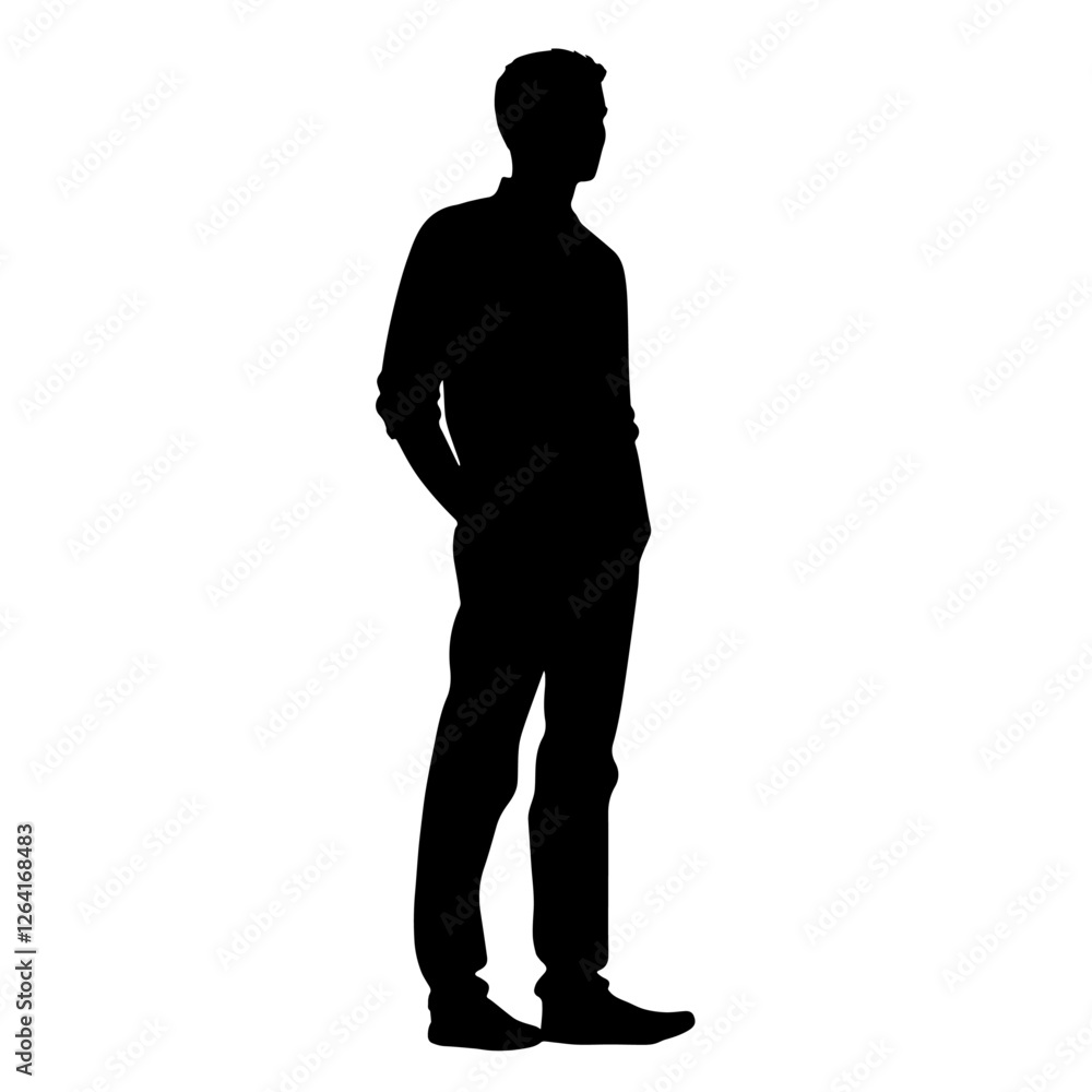 Silhouette of a Man Standing in Full Length with Hands in His Pockets, Facing Sideways – A Representation of Mystery, Confidence, and Contemplation Silhouette of a Man Standing in Full Length with Hands in His Pockets, Facing Sideways – A Representation of Mystery, Confidence, and Contemplation