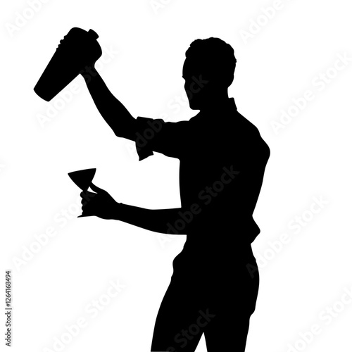 Silhouette of a Bartender Mixing a Cocktail, Holding a Shaker in One Hand and a Glass in the Other – A Representation of Skill, Hospitality, and Artful Beverage Crafting