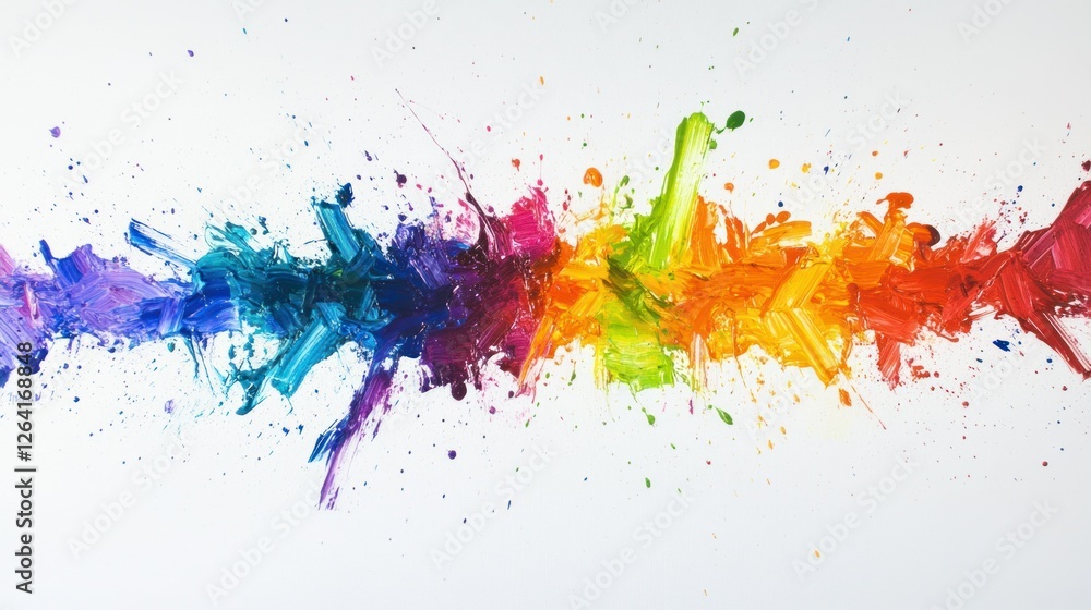 Fototapeta premium A lively, abstract paint explosion in vivid rainbow hues, splattering chaotically across a smooth white background, creating a joyful and expressive design