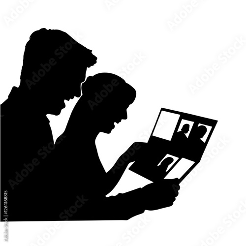 Silhouette of a Couple Sitting Together, Holding an Open Photo Album, Looking at Childhood Pictures, Laughing, and Sharing Memories. Nostalgia, Communication, Valentine’s Day, Happiness, Trust, Emotio