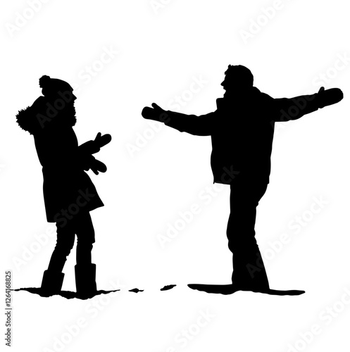  Silhouette of a Couple in Warm Winter Clothes, Laughing,Playing in the Snow, One Person Standing with Arms Wide Open, the Other Reaching Toward Them. Valentine's Day, Seasonal Fun, Outdoor Activity, 