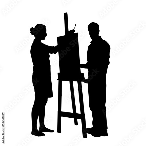 Silhouette of a Couple Standing Together in Front of an Easel, a Woman Holding a Brush While a Man Watches, Observes the Painting.Teamwork, Art, Creative Collaboration, Inspiration, Patience, Imaginat