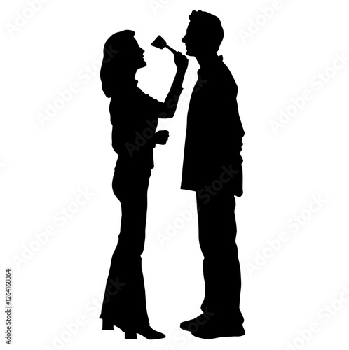 Silhouette of a Couple Painting Each Other’s Faces with a Brush. Valentine's Day,, Personal Connection, Romantic Art, Love.Woman Standing, Holding a Brush and Gently Painting the Man’s Face