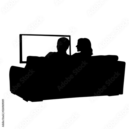 Silhouette of couple watching a movie at home on Valentine’s Day, sitting on a couch in front of the TV, cozy,romantic atmosphere, love, togetherness, intimate bonding, relaxing indoor date night, hol