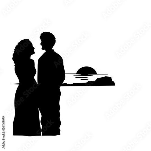 Silhouette of couple standing close, gazing at each other during sunset on the beach, romantic evening, golden sky, love, affection, deep emotional bond, passion, togetherness, sunset romance, couple’