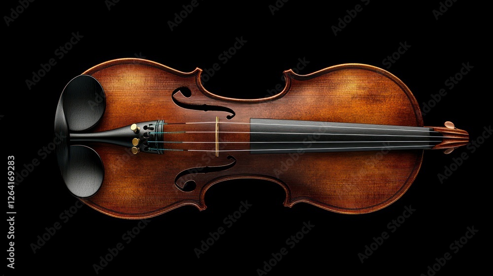 Fototapeta premium Polished violin rests against a stark black background