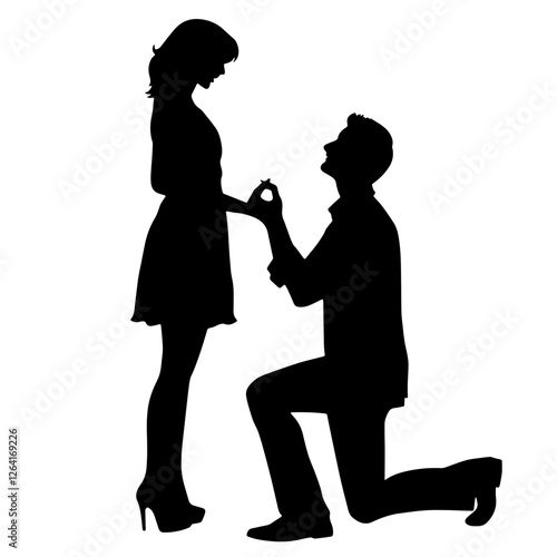 Silhouette of man proposing to woman on one knee, engagement ring in hand, romantic moment, love,commitment, wedding proposal, couple in love, marriage, heartfelt gesture, special occasion