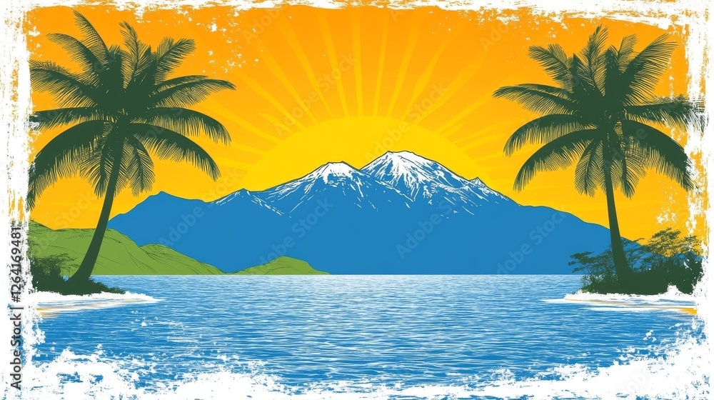 Obraz premium Tropical Beach Paradise Illustration with Palm Trees Sea and Mountain at Sunset Ideal for Summer Vacation Background and Decoration