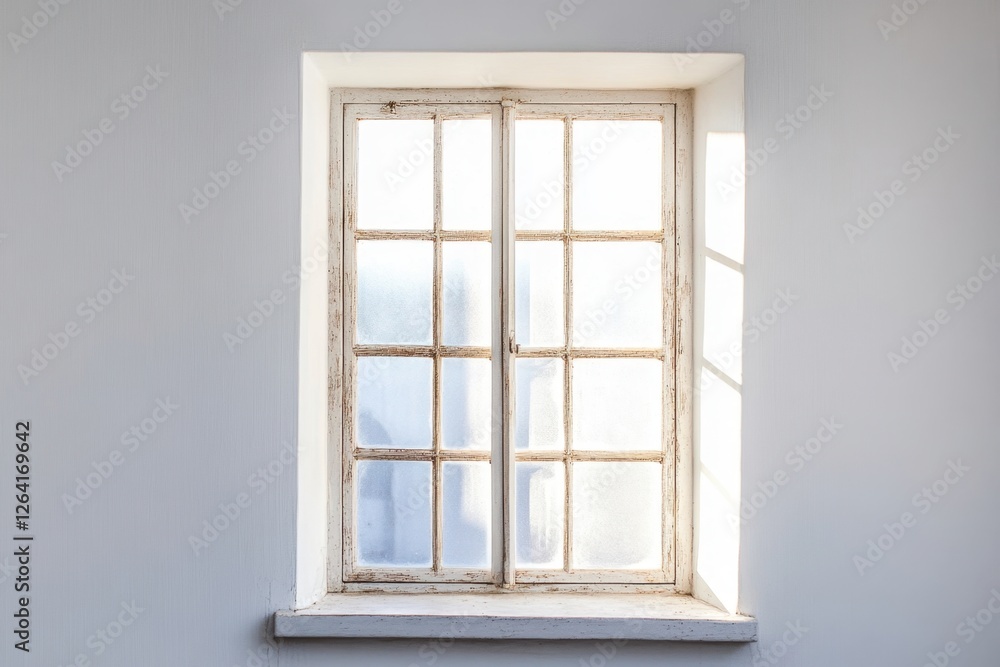 Old white framed window set in a white wall
