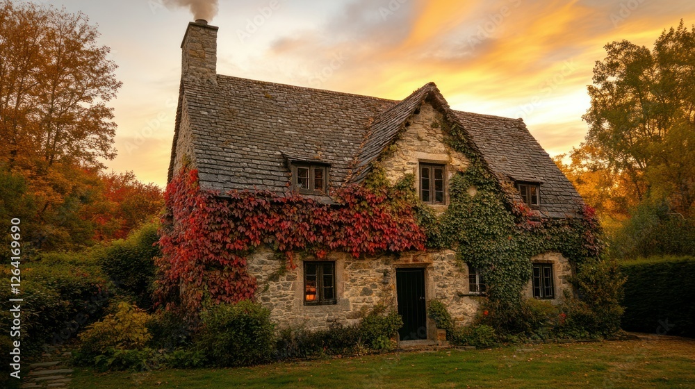 Fototapeta premium A medieval-style stone cottage covered in creeping ivy, set in a fiery autumn woodland, gentle chimney smoke curling against a golden twilight sky.