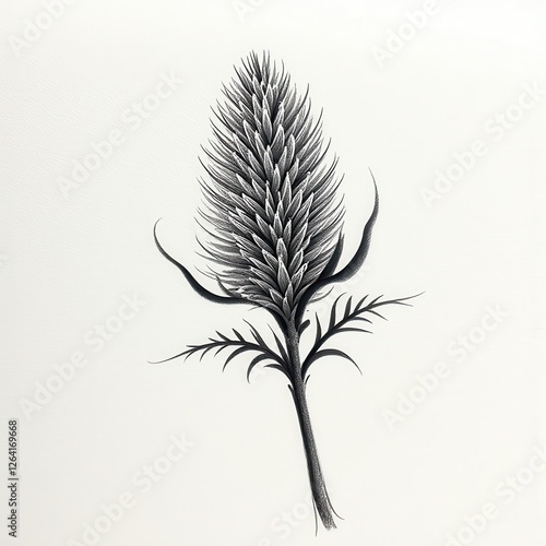 Isolated intricate black and white thistle flower drawing on pristine white background. A black and white drawing of a thistle flower. photo