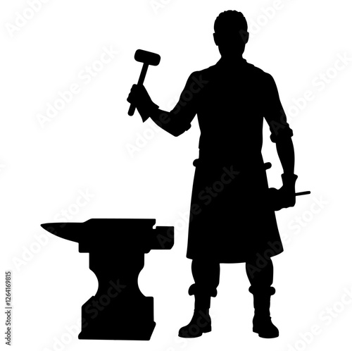 Silhouette of a Blacksmith Standing by an Anvil, Holding a Hammer, a Tool, Wearing an Apron. Strength, Craftsmanship, Precision, Hard Work, Traditional Skills, Endurance, Manual Labor, Creativity, Fir