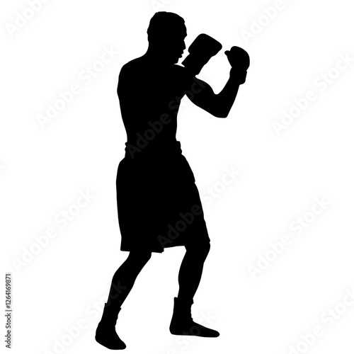 Silhouette of a Boxer in a Defensive Stance, Wearing Gloves, Shorts. Strength, Endurance, Agility, Speed, Power, Determination, Combat, Athleticism, Training, Focus, Resilience, Reflexes, Precision, C