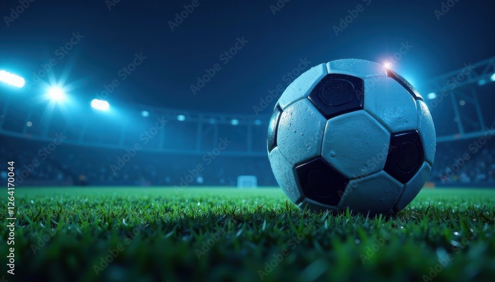 Fototapeta premium Radiant Soccer Ball in Blue Night Sky , glowing ball, neon light, radiant