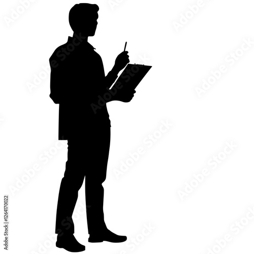 Silhouette of an Event Planner Holding a Tablet and Pointing, Wearing a Shirt and Trousers – Organization, Creativity, Coordination, Communication, Time Management, Decision-Making, Leadership, Attent