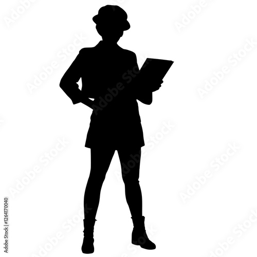 Silhouette of a Fashion Designer Holding a Sketchbook, Wearing a Hat and Boots – Creativity, Vision, Style, Trends, Imagination, Design, Couture, Tailoring, Aesthetics, Beauty, Artistry, Concept, Orig