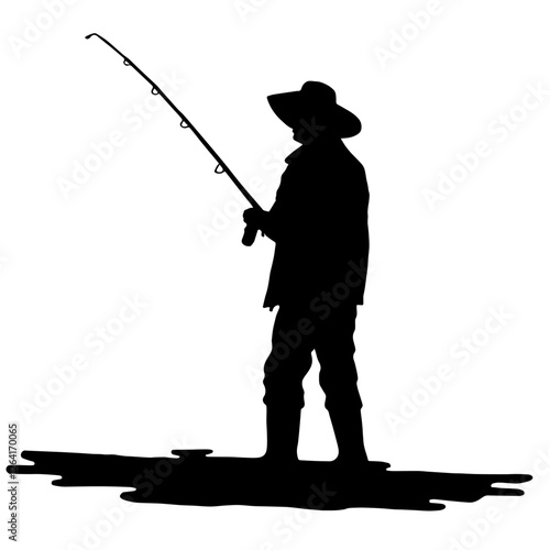 Silhouette of a Fisherman in a Hat Holding a Fishing Rod, Standing by the Water – Patience, Focus, Outdoor Adventure, Tranquility, Nature, Solitude, Precision, Technique, Angling, Observation, Water, 