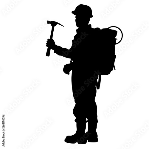 Silhouette of a Geologist in a Hat Holding a Pickaxe with a Backpack on His Back – Exploration, Discovery, Curiosity, Science, Fieldwork, Adventure, Nature, Earth, Research, Rocks, Soil, Mountains, Fo