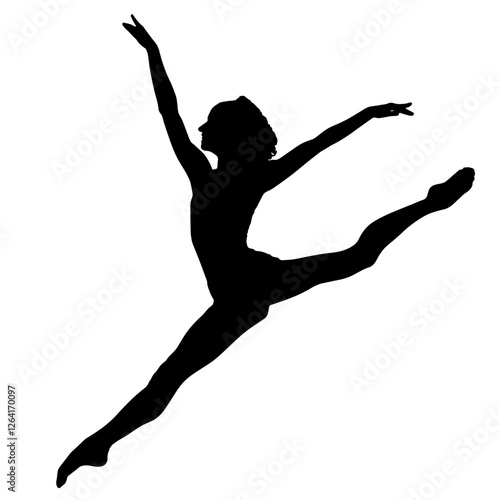 Silhouette of a Gymnast Performing a Dynamic Jump with Extended Legs and Raised Arms – Flexibility, Elegance, Strength, Movement, Balance, Coordination, Artistry, Poise, Agility, Performance, Discipli