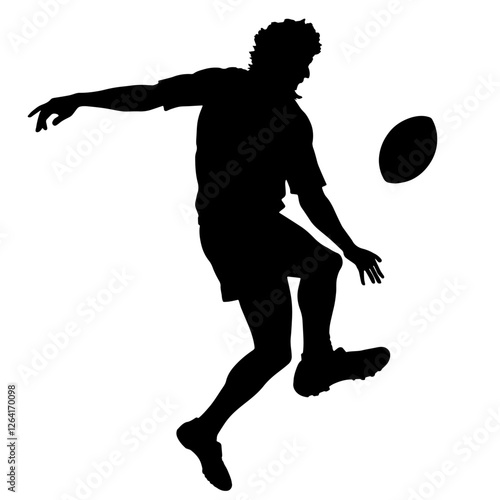 Silhouette of a Football Player Preparing to Kick a Ball in the Air – Strength, Agility, Strategy, Coordination, Motion, Speed, Power, Balance, Endurance, Competition, Teamwork, Athleticism, Focus, Re