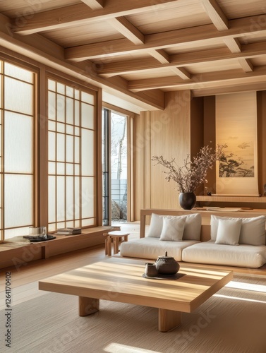 Serene japanese interior featuring wooden elements and natural light