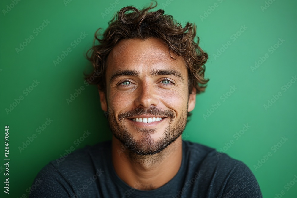 Obraz premium Happy man with curly hair smiling against green background