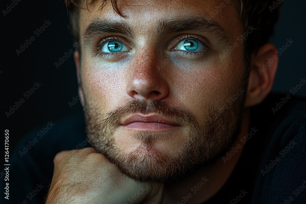 Obraz premium A young man with blue eyes gazes thoughtfully