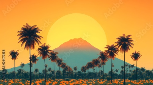 Retro Tropical Serenity Palm Trees Silhouetted Against a Warm Hued Sunset Mountain Backdrop Artwork Evokes Nostalgic Coastal Vibes