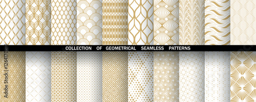 Geometric set of seamless golden and white patterns. Simple vector graphics