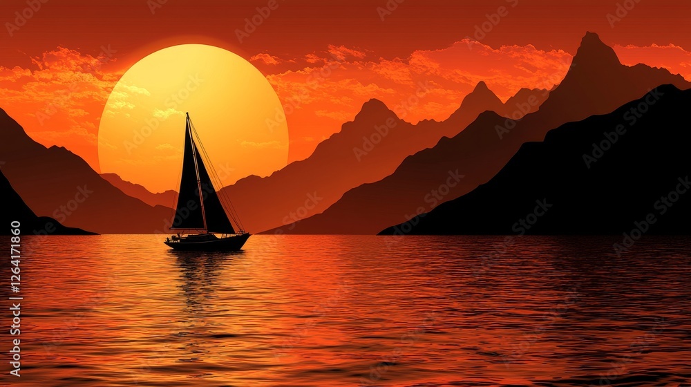 Fototapeta premium SereneSeascapeRetroSailboatPixelatedSunsetMountainsVintageVaporwaveSailingAdventureOrangeHorizonRetroGamingGraphicDesign