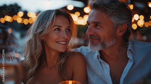 Romantic Couple Dining Under Evening Lights