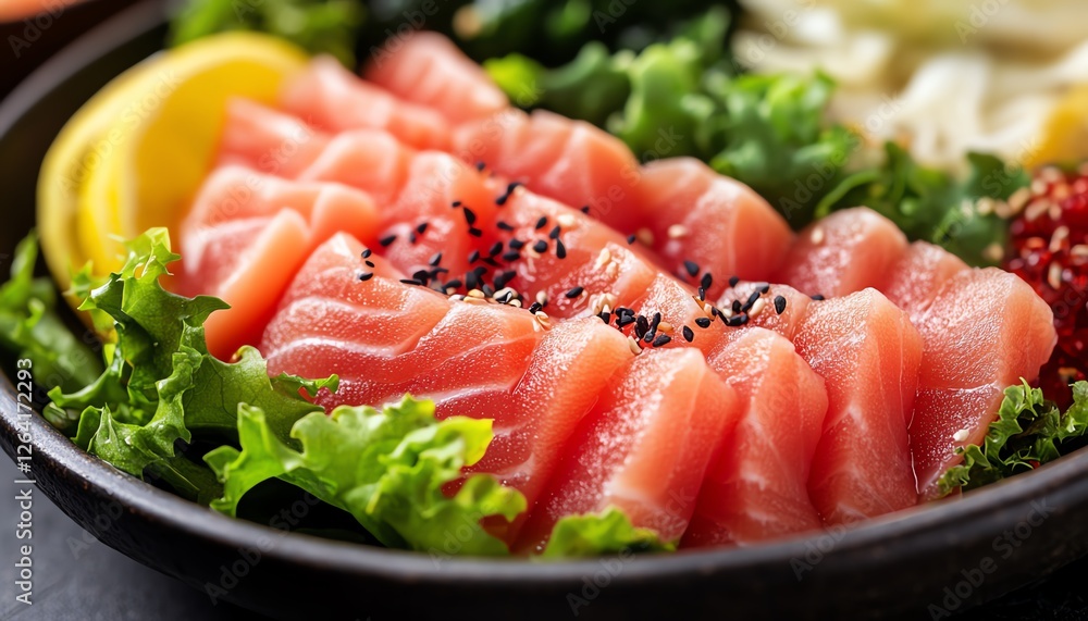 delicious raw fish served with a side of leafy salad and bright vegetables, closeup, fresh and healthy food presentation delicious raw fish served with a side of leafy salad and bright vegetables, closeup, fresh and healthy food presentation