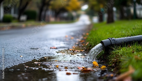 Rainy Street Gutter Flowing into Drain Pipe photo