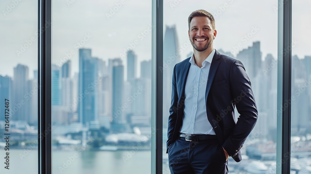 Fototapeta premium Smiling businessman standing in front of a large window overlooking a city skyline symbolizing ambition and growth