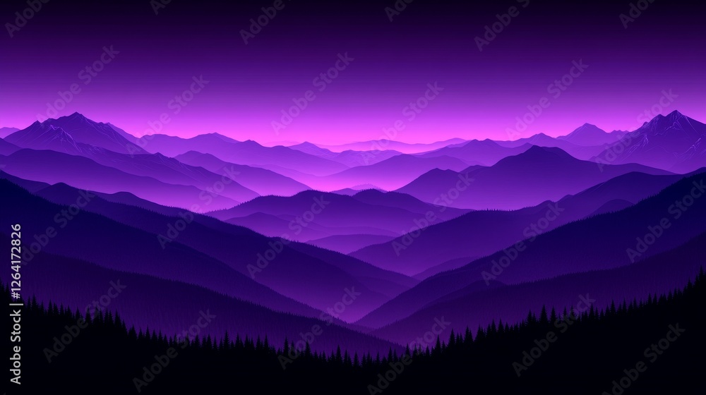 Fototapeta premium Layered Mountainscape Painting Capturing the Essence of a Fantasy World with a Purple Hues Gradient Background and Serene Atmospheric Mood