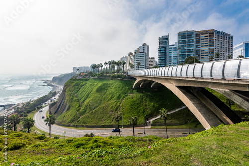 
view of the Villena bridge and the green coast in Lima Peru