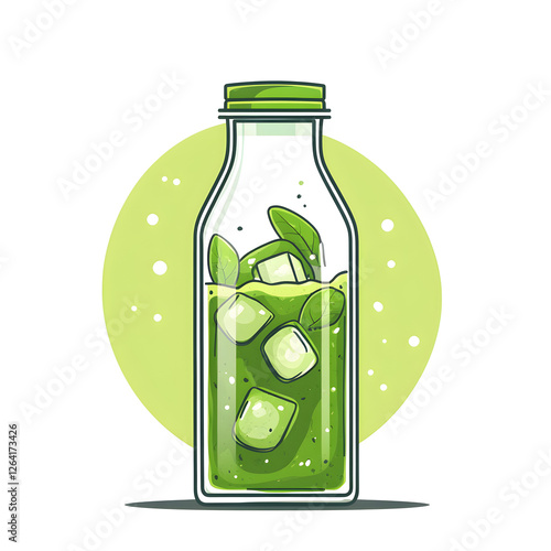 Healthy green juice with ice in a clear glass bottle photo