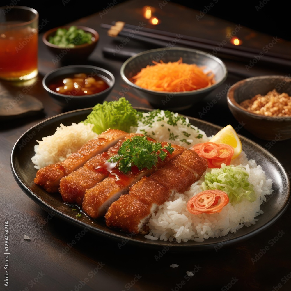 Japanese food, chicken katsu curry rice bowl with vegetables Japanese food, chicken katsu curry rice bowl with vegetables