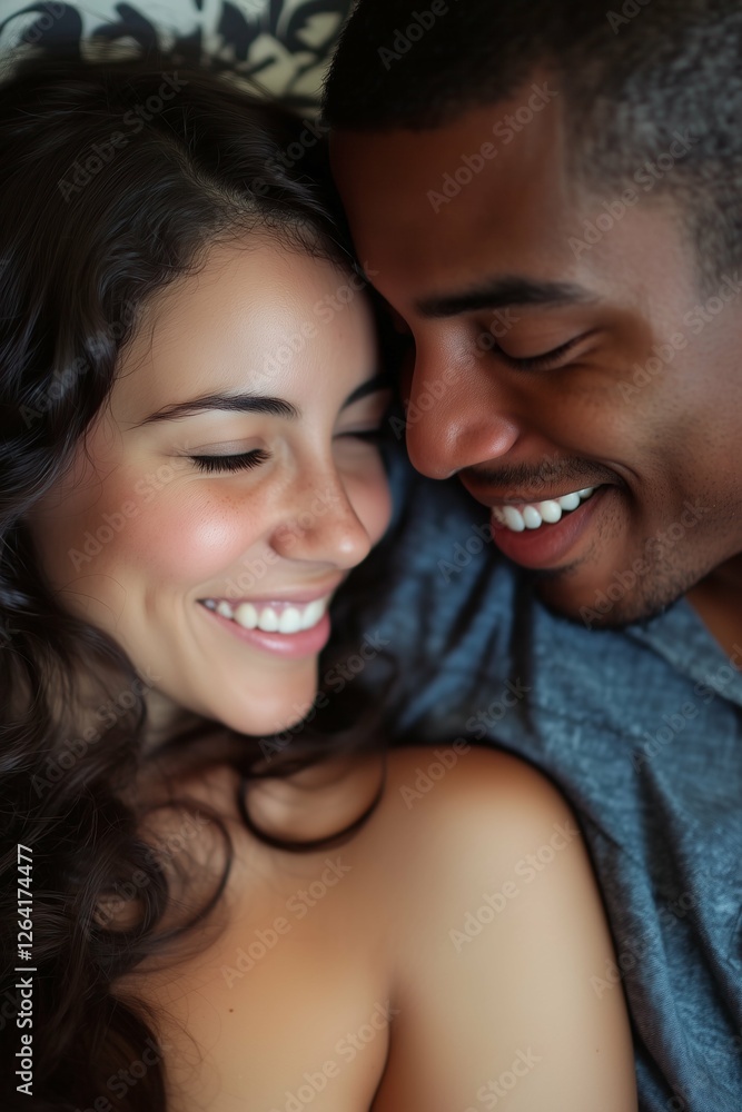 Mixed couple, Latina woman and black man smiling at each other lying in bed. Vertical photography (2:3) Mixed couple, Latina woman and black man smiling at each other lying in bed. Vertical photography (2:3)