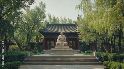 A large stone statue of Confucius in front of a temple. Copy space.