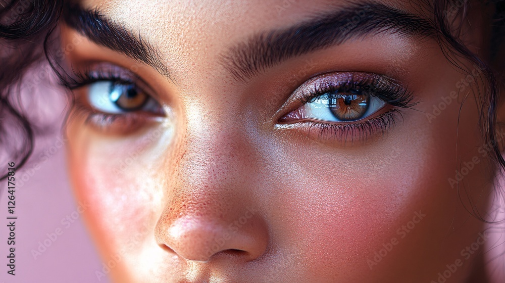 Fototapeta premium Closeup of a womans eye and face showing freckles and makeup
